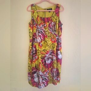 St John Yellow Silk Pink Floral Metallic Threaded Pocket Shift Dress 16